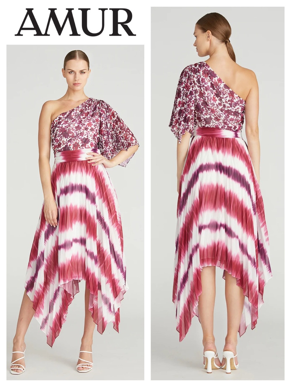 AMUR Saanvi One-Shoulder Mix-Print Chiffon Midi Dress